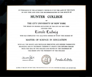 Masters of Science Degree from Hunter College, NYC